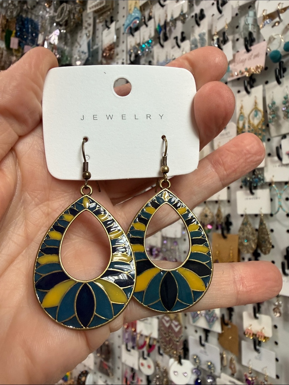 PAINTED ENAMEL TEARDROP DANGLE HOOK EARRINGS BRASS ART DECO HIPPIE FESTIVAL